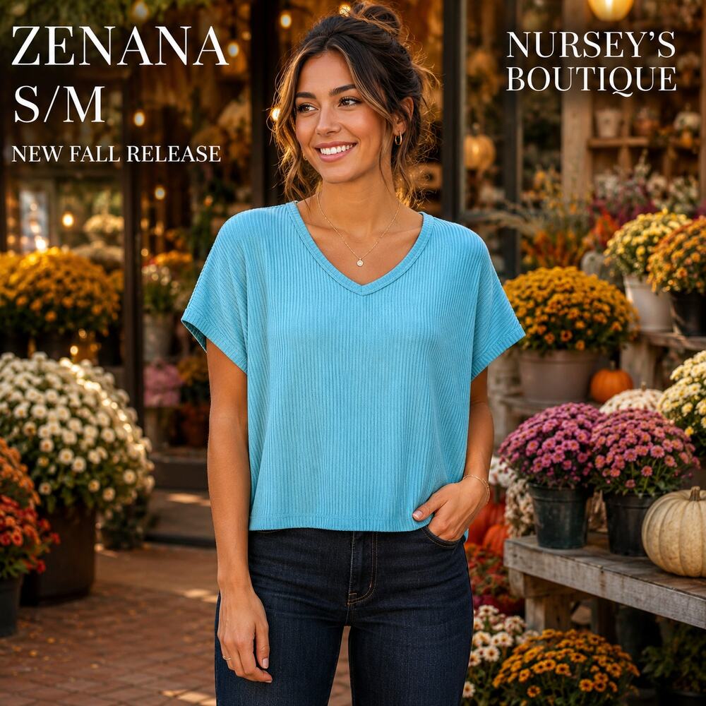 Zenana S/M Aqua Ribbed V Neck Boxy Dolman Crop Top New Fall HTL-2592A